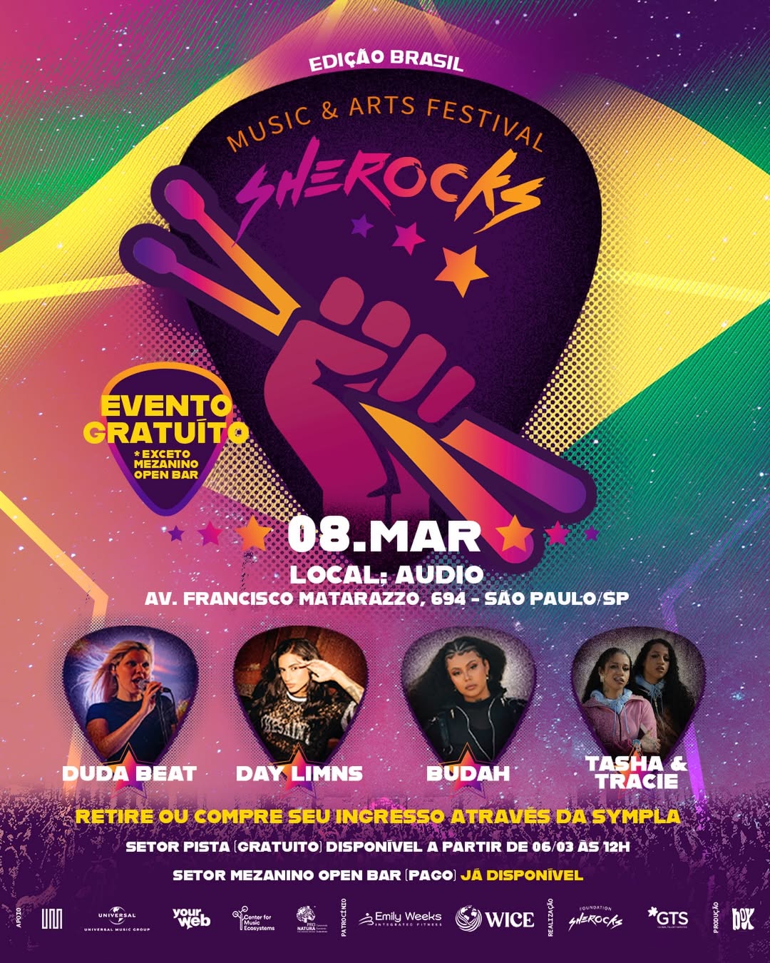 [GRÁTIS] SheRocks Music & Arts Festival | Audio | 08/03/2026