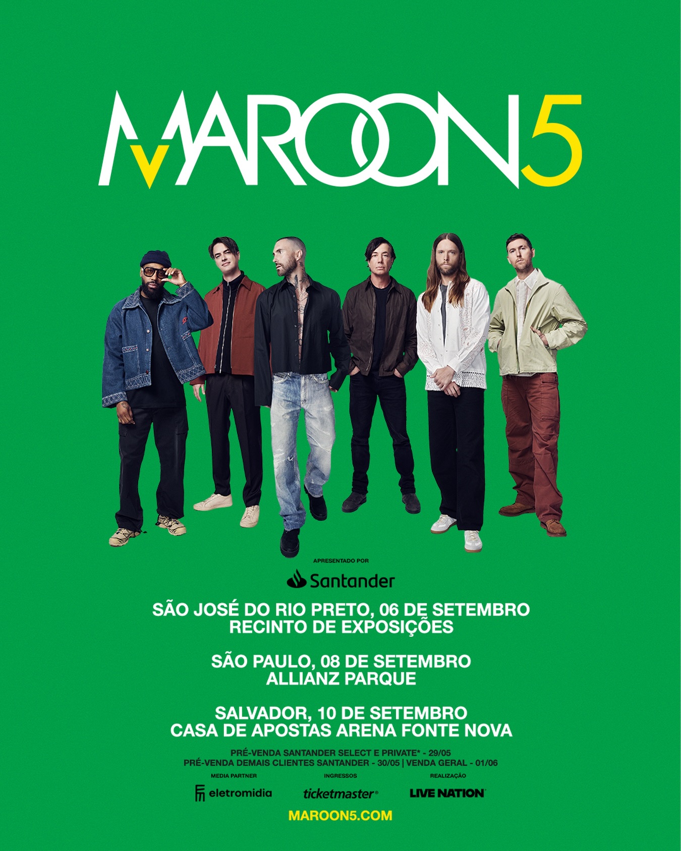 [PRÉ-VENDA] Maroon 5 | São Paulo, São José do Rio Preto e Salvador | 08, 06 e 10/09/2026